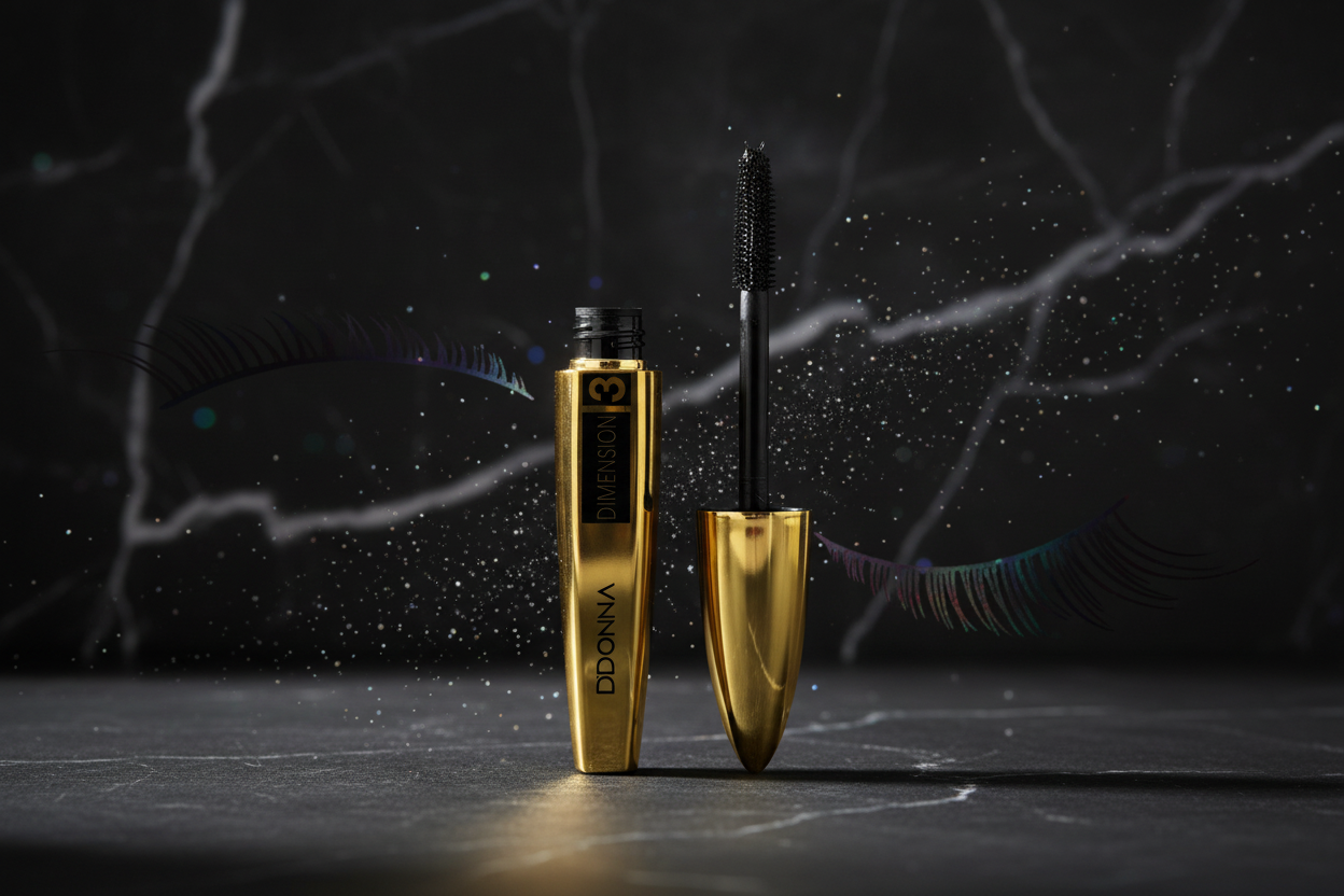 Mascara 3D noir ouvert sur fond élégant